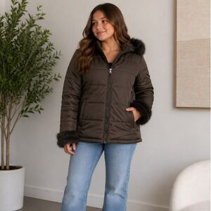 Rothschild Girls Brown Puffer Jacket Faux Fur Trim Hooded Coat XL 16